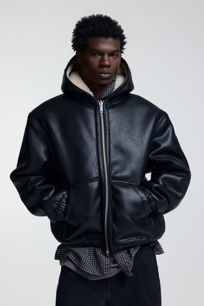 Unisex Black Wool Blend Varsity Jacket with Faux Leather Sleeves