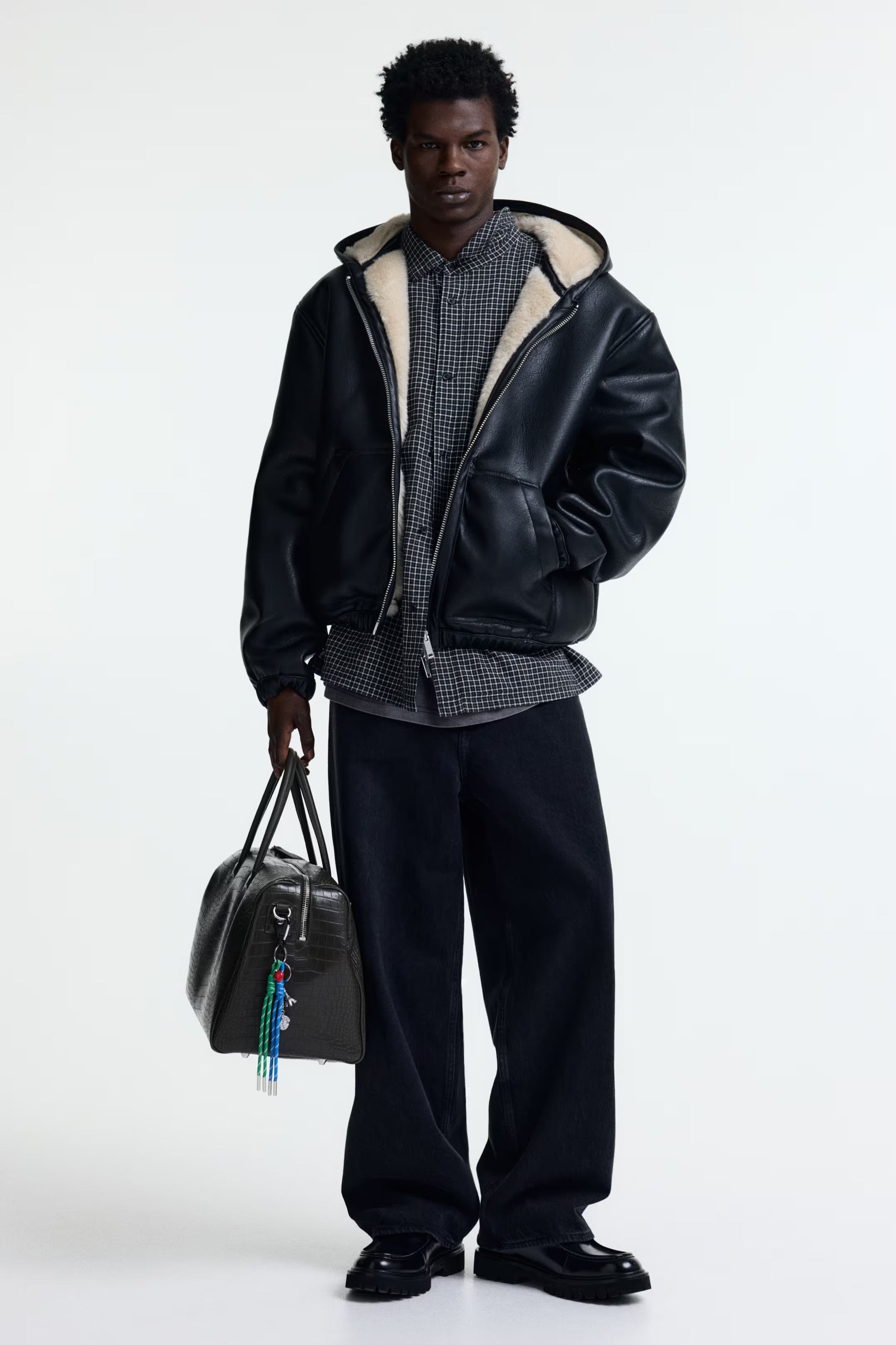 Unisex Black Wool Blend Varsity Jacket with Faux Leather Sleeves