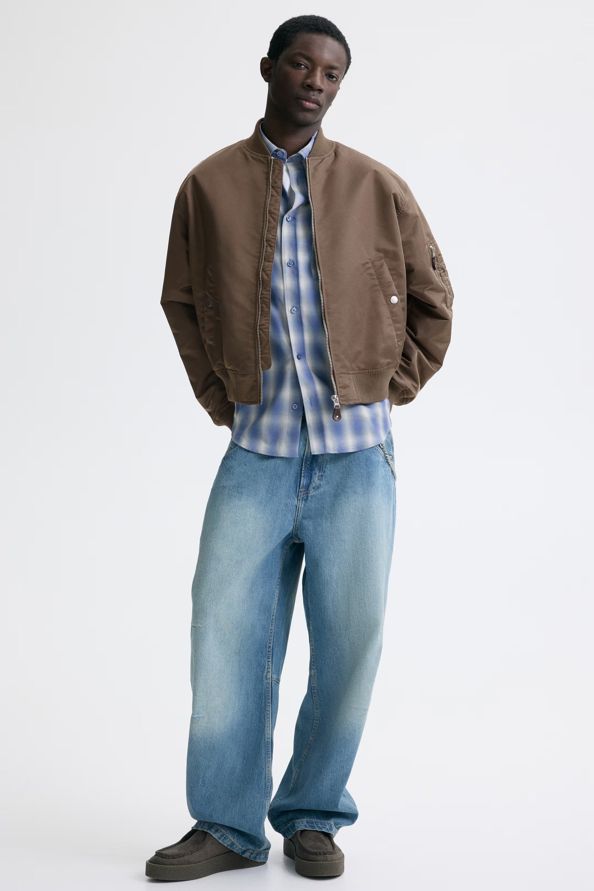 Men's Brown Padded Nylon Bomber Jacket with Ribbed Stand Collar