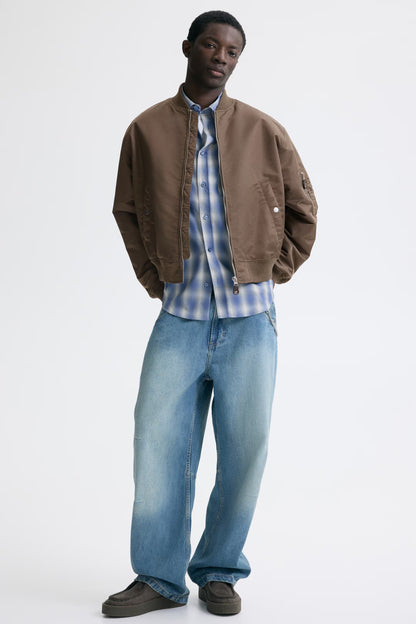 Men's Brown Padded Nylon Bomber Jacket with Ribbed Stand Collar